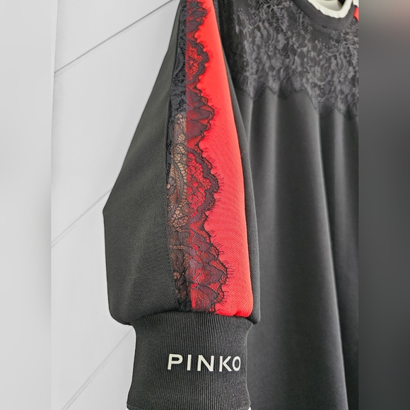 041. Pinko Buono Black/Lace/Red Striped Mini Dress - Picture 4 of 6
